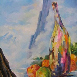 "Бутылка, фрукты и горы" 100/80, х.м.